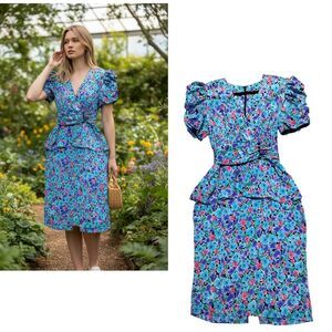 JODY Vintage Floral Puff Sleeve Peplum Midi Dress 7/8